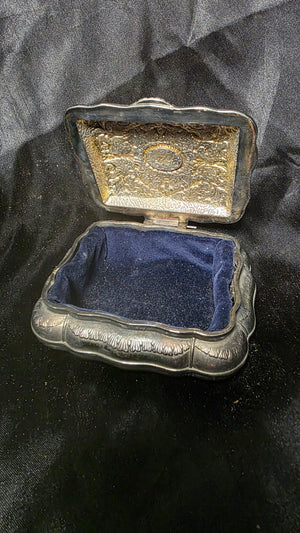 Vintage Ornate Silver Tone Jewelry Casket with Velvet Interior Trinket Box