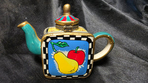 Greenbrier Teapot Porcelain Trinket Box Pear Apple Fruit Hinged Collectible
