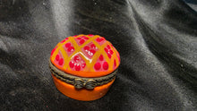 Load image into Gallery viewer, Vintage Porcelain Trinket Box Orange Lattice Dome Hinged Jewelry Keepsake
