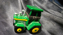 Load image into Gallery viewer, Vintage Green Tractor Trinket Box Hinged Porcelain with Hidden Farmer
