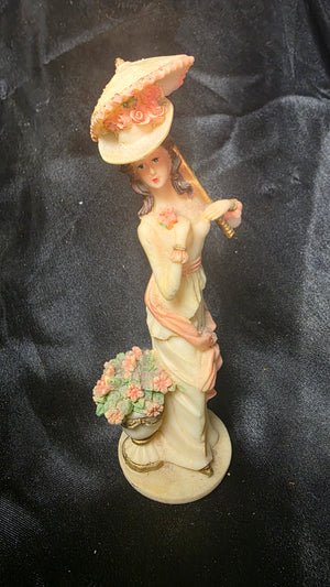 Vintage Victorian Lady Figurine with Parasol Floral Resin Sculpture Decor