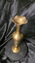 Load image into Gallery viewer, Vintage Etched Brass Bud Vase 12" Tall Scalloped Rim Floral Design
