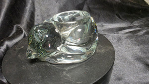 Vintage Clear Glass Sleeping Cat Votive Holder Cozy Curled Kitty Candle Accent