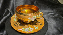 Load image into Gallery viewer, Vintage Bohemian Art Glass Teacup and Saucer Gold Gilt Enamel Floral Set
