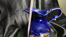 Load image into Gallery viewer, Vintage Cobalt Blue Chinoiserie Pitcher with Gold Pheasant Floral Motif

