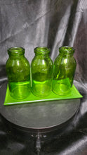 Load image into Gallery viewer, Vintage Green Glass Triple Bud Vase Set Apothecary Style Display
