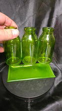 Load image into Gallery viewer, Vintage Green Glass Triple Bud Vase Set Apothecary Style Display
