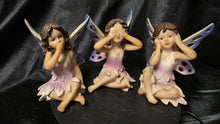 Cargar imagen en el visor de la galería, See Hear Speak No Evil Fairy Figurines Set of 3 Purple Winged Trio
