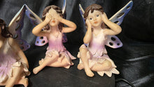 Cargar imagen en el visor de la galería, See Hear Speak No Evil Fairy Figurines Set of 3 Purple Winged Trio
