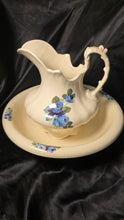 将图片加载到图库查看器，Vintage Ceramic Pitcher and Wash Basin Set Blue Floral Cottage Style
