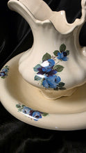 将图片加载到图库查看器，Vintage Ceramic Pitcher and Wash Basin Set Blue Floral Cottage Style
