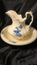 将图片加载到图库查看器，Vintage Ceramic Pitcher and Wash Basin Set Blue Floral Cottage Style
