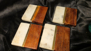 Set of 4 Marble & Wood Inlay Coasters with Brass Accent Modern Design
