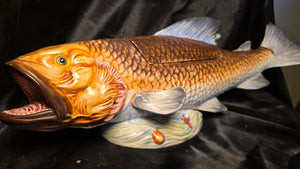 Vintage Italian Majolica Redfish Tureen with Lid & Ladle Figural Serving Piece