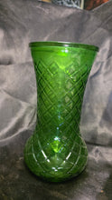 Load image into Gallery viewer, Vintage Hoosier Glass Emerald Green Quilted Diamond Hourglass Vase
