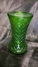 Load image into Gallery viewer, Vintage Hoosier Glass Emerald Green Quilted Diamond Hourglass Vase
