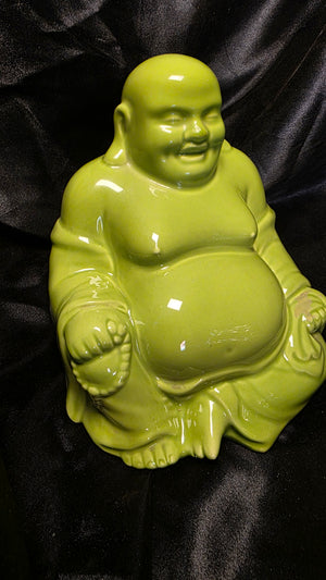 Glossy Lime Green Laughing Buddha Prosperity Feng Shui Ceramic Statue