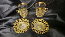Load image into Gallery viewer, Bazark Metal Luxe Turkish Tea Glass Set Gold Filigree Cups &amp; Saucers Pair
