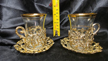 Load image into Gallery viewer, Bazark Metal Luxe Turkish Tea Glass Set Gold Filigree Cups &amp; Saucers Pair
