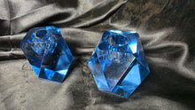 Load image into Gallery viewer, Vintage Faceted Sapphire Blue Glass Candle Holders Pair Geometric Crystal Style

