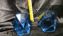 Load image into Gallery viewer, Vintage Faceted Sapphire Blue Glass Candle Holders Pair Geometric Crystal Style
