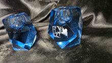 Load image into Gallery viewer, Vintage Faceted Sapphire Blue Glass Candle Holders Pair Geometric Crystal Style
