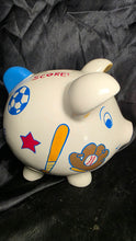 Load image into Gallery viewer, Child to Cherish Sports Theme Ceramic Piggy Bank SCORE! Baseball Soccer Bank
