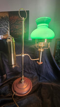 Load image into Gallery viewer, Vintage Brass Student/Oil Lamp Style Electric Table Lamp with Green Glass Shade
