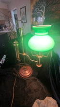 Load image into Gallery viewer, Vintage Brass Student/Oil Lamp Style Electric Table Lamp with Green Glass Shade
