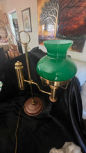 Load image into Gallery viewer, Vintage Brass Student/Oil Lamp Style Electric Table Lamp with Green Glass Shade
