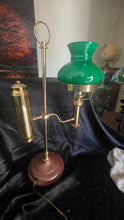 Load image into Gallery viewer, Vintage Brass Student/Oil Lamp Style Electric Table Lamp with Green Glass Shade

