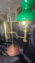 Load image into Gallery viewer, Vintage Brass Student/Oil Lamp Style Electric Table Lamp with Green Glass Shade
