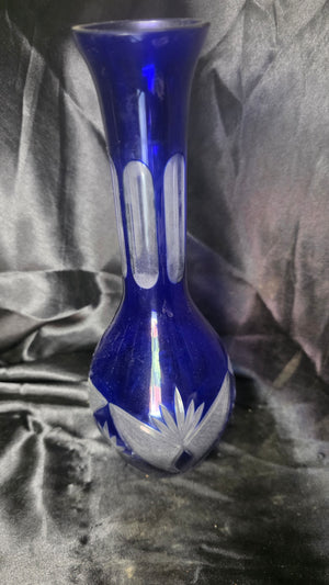 Vintage Bohemian Style Cobalt Blue Cut-to-Clear Glass Decanter