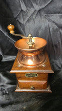 Load image into Gallery viewer, Vintage Hand Crank Coffee Grinder Copper Hopper Wood Box Mill
