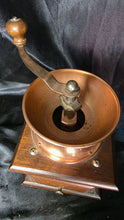 Load image into Gallery viewer, Vintage Hand Crank Coffee Grinder Copper Hopper Wood Box Mill
