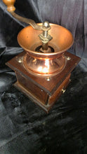 Load image into Gallery viewer, Vintage Hand Crank Coffee Grinder Copper Hopper Wood Box Mill
