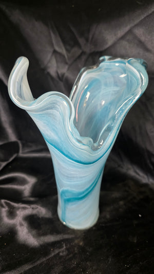 Tammaro Home Murano Glass Two Petals Art Vase Blue White Swirl Italian