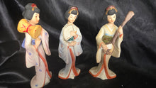 将图片加载到图库查看器，Vintage UCGC Japanese Geisha Figurine Set of 3 Fan Shamisen Drum Bisque Porcelain
