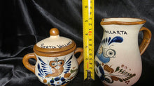 Load image into Gallery viewer, Vintage Tonalá Mexico Pottery Sugar Bowl &amp; Creamer Set Puerto Vallarta Owl Bird Folk Art
