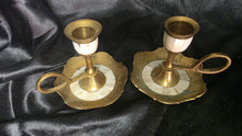 Load image into Gallery viewer, Vintage Brass &amp; Mother of Pearl Chamber Candlesticks Pair
