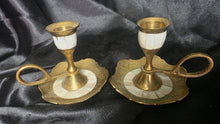 Load image into Gallery viewer, Vintage Brass &amp; Mother of Pearl Chamber Candlesticks Pair
