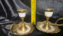 Load image into Gallery viewer, Vintage Brass &amp; Mother of Pearl Chamber Candlesticks Pair
