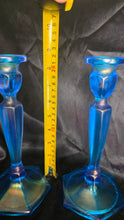 Load image into Gallery viewer, Vintage Fenton Celeste Blue Stretch Glass Colonial Candlesticks Pair
