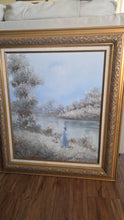 Load image into Gallery viewer, Vintage "Livesey" Framed Landscape Oil Painting – Mother &amp; Child Riverside Scene – 32.5" x 28"
