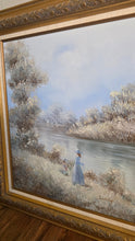 Load image into Gallery viewer, Vintage "Livesey" Framed Landscape Oil Painting – Mother &amp; Child Riverside Scene – 32.5" x 28"
