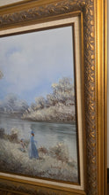 Load image into Gallery viewer, Vintage "Livesey" Framed Landscape Oil Painting – Mother &amp; Child Riverside Scene – 32.5" x 28"
