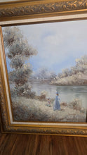 Load image into Gallery viewer, Vintage "Livesey" Framed Landscape Oil Painting – Mother &amp; Child Riverside Scene – 32.5" x 28"
