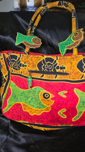 Load image into Gallery viewer, Colorful Batik Fish &amp; Sea Turtle Canvas Tote Beach Bag with Wooden Fish Accents
