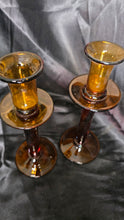 Cargar imagen en el visor de la galería, Pair of Vintage Mid-Century Amber Art Glass Candlesticks 9" Two-Tone Hand Blown
