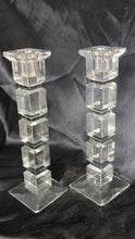 Load image into Gallery viewer, Vintage Pair of Clear Lucite Acrylic Candlestick Holders – Geometric Modern Art Deco Style
